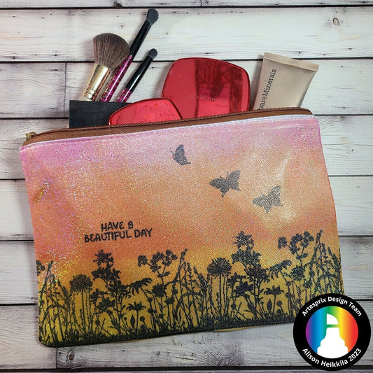 Shimmer Sunset Butterfly Iron-on-Ink Glitter Zip Case