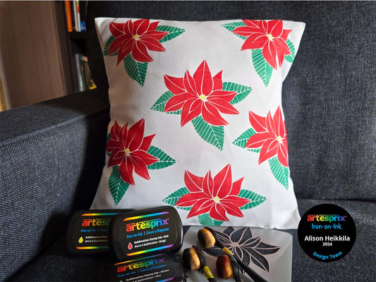 Poinsettia Pillow Sham using Artesprix Ink Pads & Stencils