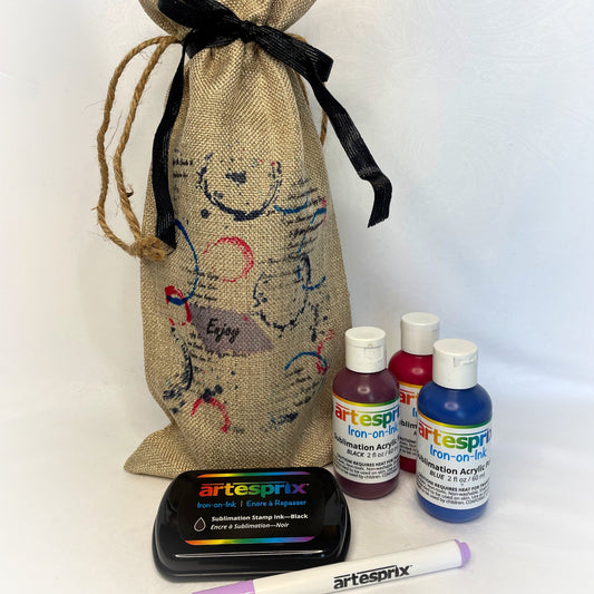 Guest Designer Burlap Sublimation Wine Bag with Artesprix Paint